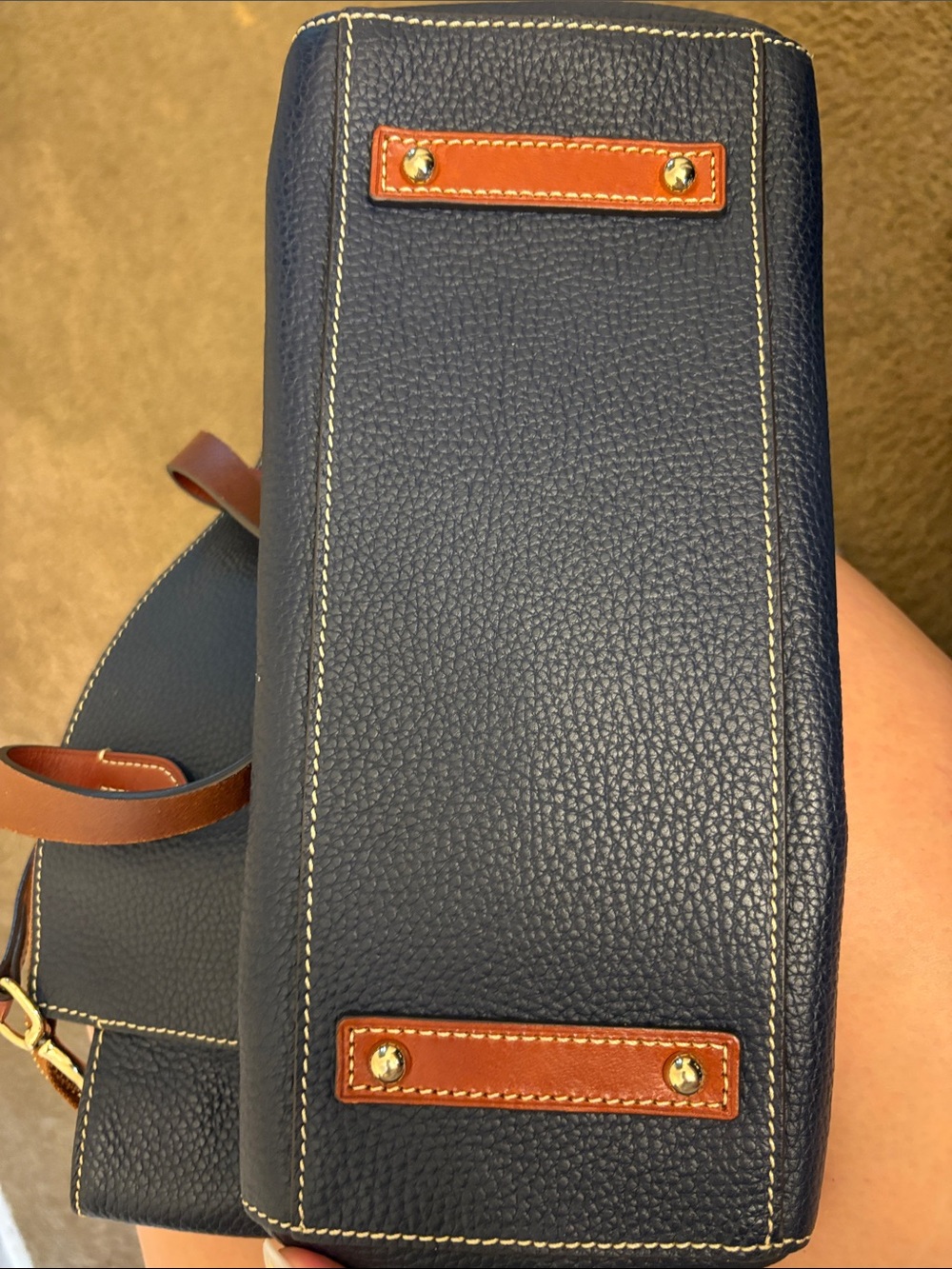 Dooney & Bourke Navy Pebble Leather Tote with Brown Trim and Adjustable Strap - Picture 4 of 6